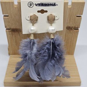 Versona Feather Pearl Earrings Gray Gold NEW Long Dangle Drop Party Holiday Show